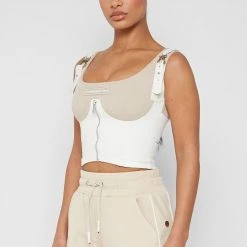 Woman Tops Vegan Leather Corset Crop Top - Beige TOPS & T SHIRTS