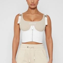 Woman Tops Vegan Leather Corset Crop Top - Beige TOPS & T SHIRTS