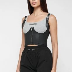 Woman Tops TOPS & T SHIRTS Vegan Leather Corset Crop Top - Grey