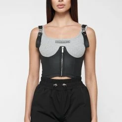 Woman Tops TOPS & T SHIRTS Vegan Leather Corset Crop Top - Grey