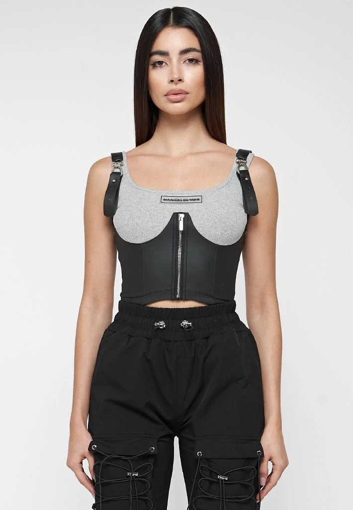 Woman Tops TOPS & T SHIRTS Vegan Leather Corset Crop Top - Grey