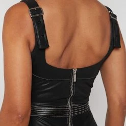 Woman Dresses Vegan Leather Corset Dress With Contrast Stitch - Black