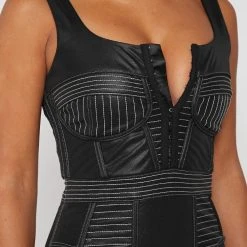 Woman Dresses Vegan Leather Corset Dress With Contrast Stitch - Black