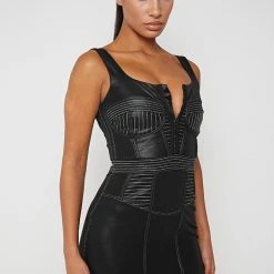 Woman Dresses Vegan Leather Corset Dress With Contrast Stitch - Black