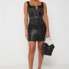 Woman Dresses Vegan Leather Corset Dress With Contrast Stitch - Black