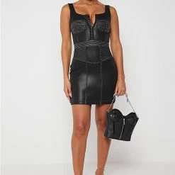 Woman Dresses Vegan Leather Corset Dress With Contrast Stitch - Black