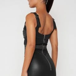 Woman Dresses Vegan Leather Corset Dress With Contrast Stitch - Black