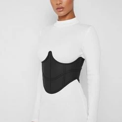 Woman Dresses Vegan Leather Corset Ribbed Midi Dress - White/Black