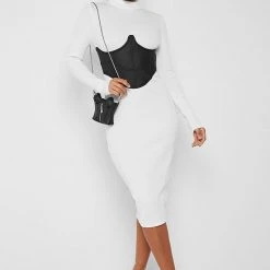 Woman Dresses Vegan Leather Corset Ribbed Midi Dress - White/Black