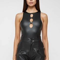 Woman Tops BODYSUITS Vegan Leather Cut Out Bodysuit - Black