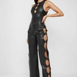 Woman Trousers Vegan Leather Cut Out Trousers - Black
