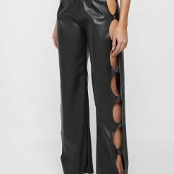 Woman Trousers Vegan Leather Cut Out Trousers - Black