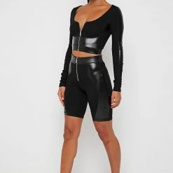 Woman Active Vegan Leather Cycling Shorts - Black