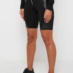 Woman Active Vegan Leather Cycling Shorts - Black