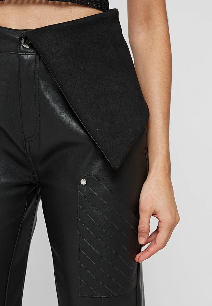 Woman Trousers Vegan Leather Foldover Trousers - Black