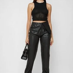 Woman Trousers Vegan Leather Foldover Trousers - Black