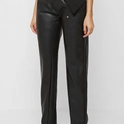 Woman Trousers Vegan Leather Foldover Trousers - Black