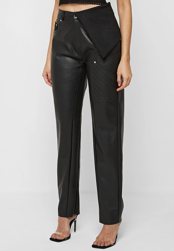 Woman Trousers Vegan Leather Foldover Trousers - Black