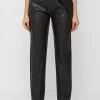 Woman Trousers Vegan Leather Foldover Trousers - Black