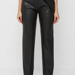 Woman Trousers Vegan Leather Foldover Trousers - Black