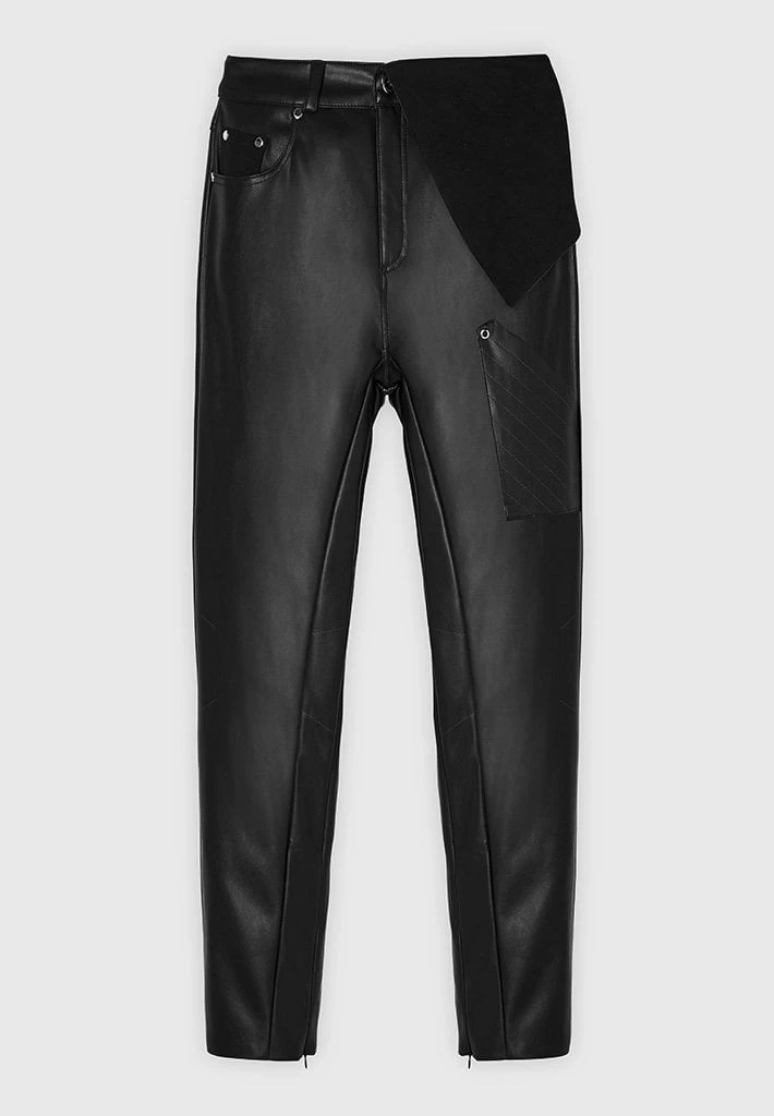 Woman Trousers Vegan Leather Foldover Trousers - Black