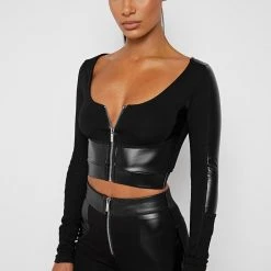 Woman Active Vegan Leather Long Sleeve Top - Black TOPS & T SHIRTS
