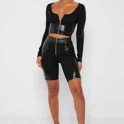 Woman Active Vegan Leather Long Sleeve Top - Black TOPS & T SHIRTS