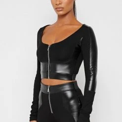 Woman Active Vegan Leather Long Sleeve Top - Black TOPS & T SHIRTS