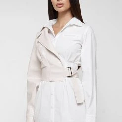 Woman Dresses Woven Overlay Shirt Dress - White