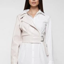 Woman Dresses Woven Overlay Shirt Dress - White