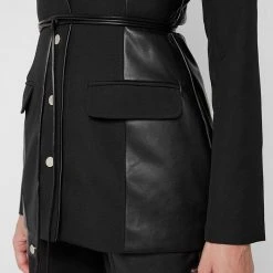 Woman Jackets Vegan Leather Panel Blazer - Black