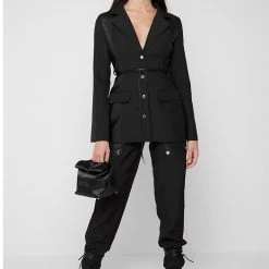 Woman Jackets Vegan Leather Panel Blazer - Black