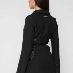 Woman Jackets Vegan Leather Panel Blazer - Black