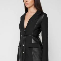Woman Jackets Vegan Leather Panel Blazer - Black