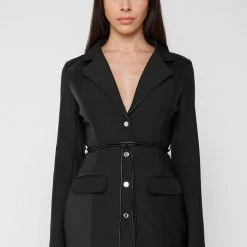 Woman Jackets Vegan Leather Panel Blazer - Black