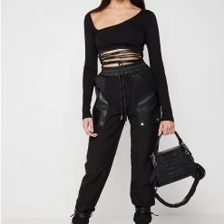 Woman Trousers CARGO PANTS & JOGGERS Vegan Leather Panel Joggers - Black