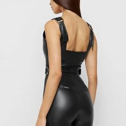 Woman Jumpsuits JUMPSUITS & PLAYSUITS Vegan Leather Playsuit With Side Detail - Black