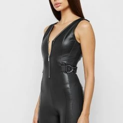 Woman Jumpsuits JUMPSUITS & PLAYSUITS Vegan Leather Playsuit With Side Detail - Black