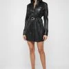 Woman Dresses Vegan Leather Pleated Shirt Dress - Black
