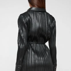 Woman Dresses Vegan Leather Pleated Shirt Dress - Black