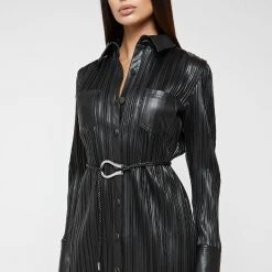 Woman Dresses Vegan Leather Pleated Shirt Dress - Black