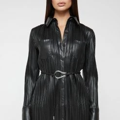 Woman Dresses Vegan Leather Pleated Shirt Dress - Black