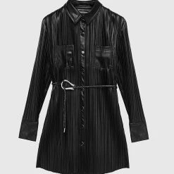 Woman Dresses Vegan Leather Pleated Shirt Dress - Black