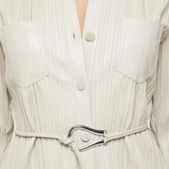 Woman Dresses Vegan Leather Pleated Shirt Dress - Stone