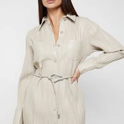 Woman Dresses Vegan Leather Pleated Shirt Dress - Stone