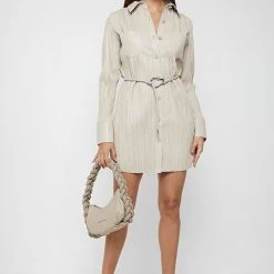 Woman Dresses Vegan Leather Pleated Shirt Dress - Stone