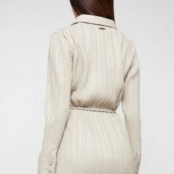 Woman Dresses Vegan Leather Pleated Shirt Dress - Stone