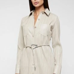 Woman Dresses Vegan Leather Pleated Shirt Dress - Stone