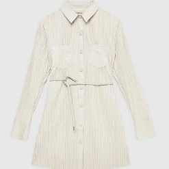 Woman Dresses Vegan Leather Pleated Shirt Dress - Stone
