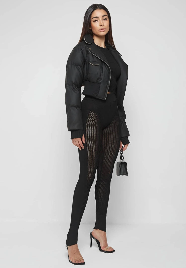 Woman Jackets Vegan Leather Puffer Biker Jacket - Black OUTERWEAR